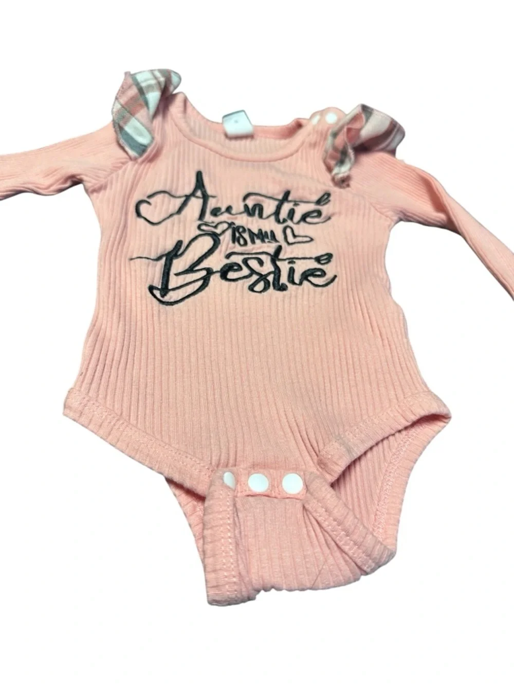SHEIN Pink Ribbed Long-Sleeve Bodysuit with Navy Script - Picture 2 of 4
